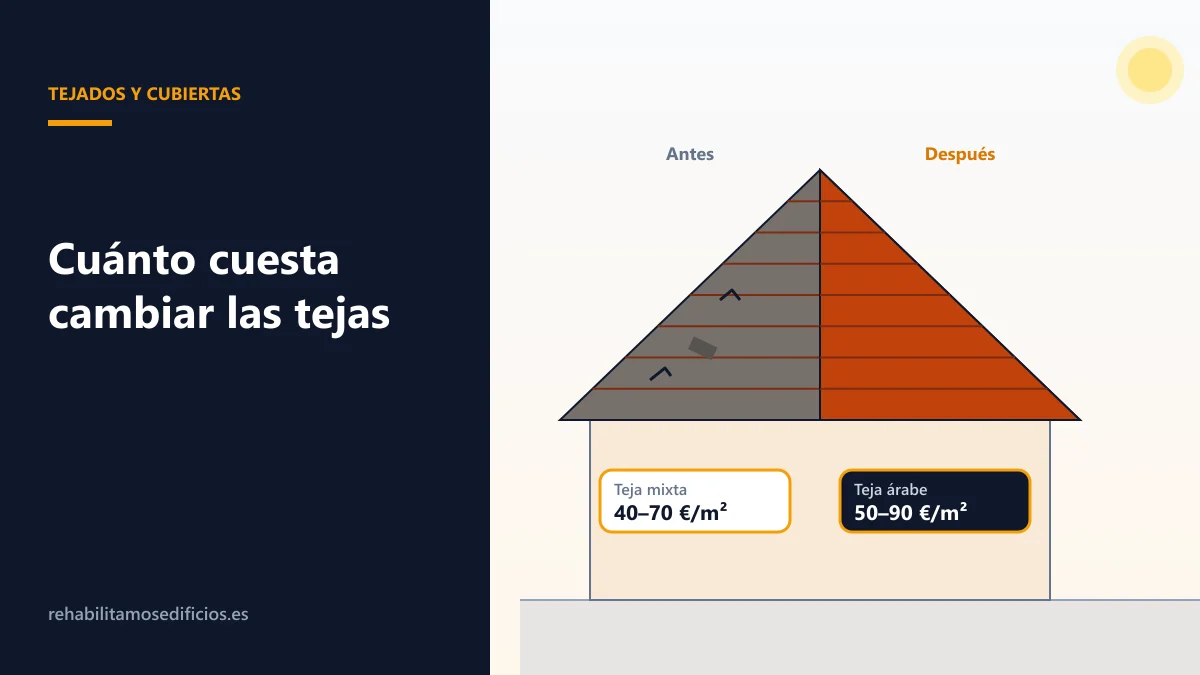 Ilustración de un tejado a dos aguas con una mitad de tejas viejas y rotas y otra mitad renovada, con los tipos de teja: árabe, mixta, plana, de hormigón y pizarra
