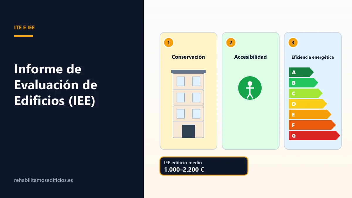 Ilustración del Informe de Evaluación del Edificio como tres bloques: estado de conservación, condiciones de accesibilidad y certificado de eficiencia energética