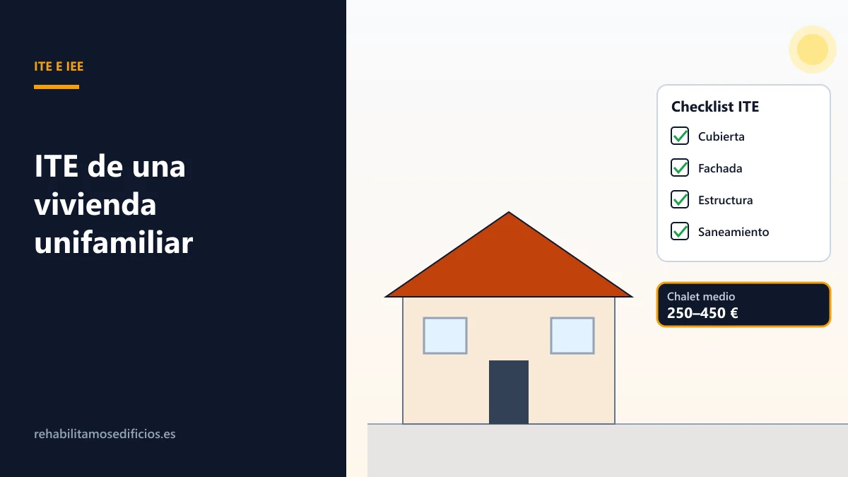 Ilustración de una casa unifamiliar con una lista de comprobación de la ITE: cubierta, fachada, estructura y saneamiento, y una etiqueta de precio orientativo