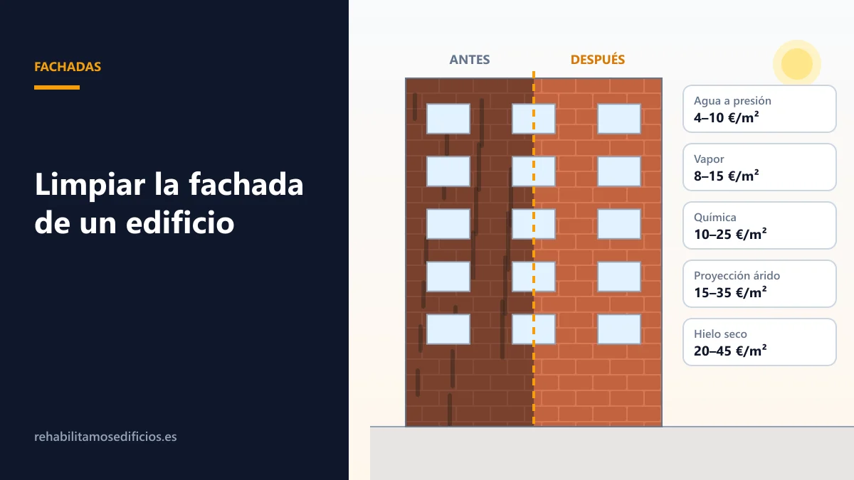 Ilustración de una fachada de ladrillo y piedra con una mitad sucia y otra limpia, y los iconos de los métodos de limpieza: agua a presión, vapor, química, proyección de árido y láser