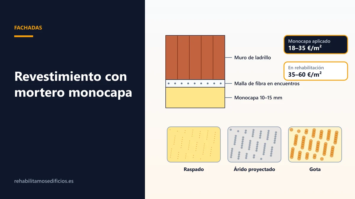 Ilustración de la sección de un muro con revestimiento monocapa: ladrillo, malla en el encuentro con el pilar, capa de mortero de 10 a 15 mm y tres acabados: raspado, árido proyectado y gota