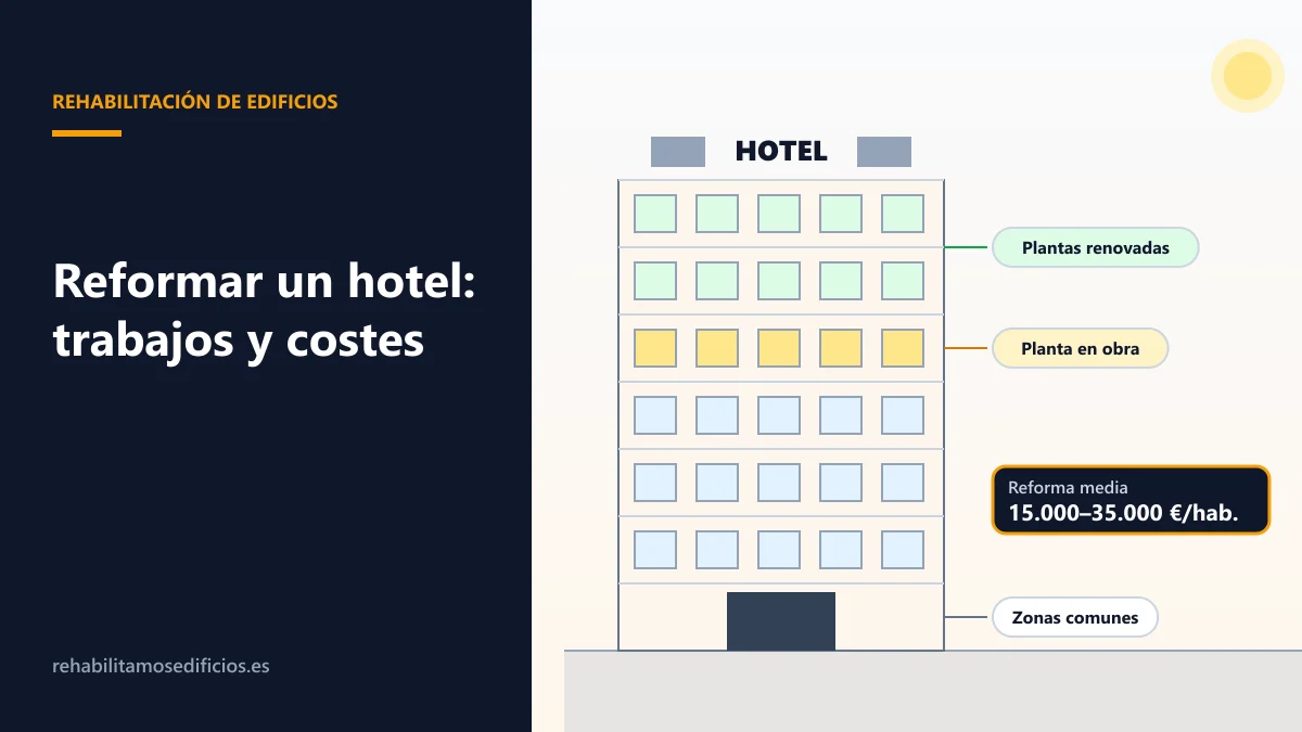 Ilustración de la sección de un hotel en reforma por plantas: habitaciones renovadas, planta en obra, zonas comunes y cubierta con instalaciones