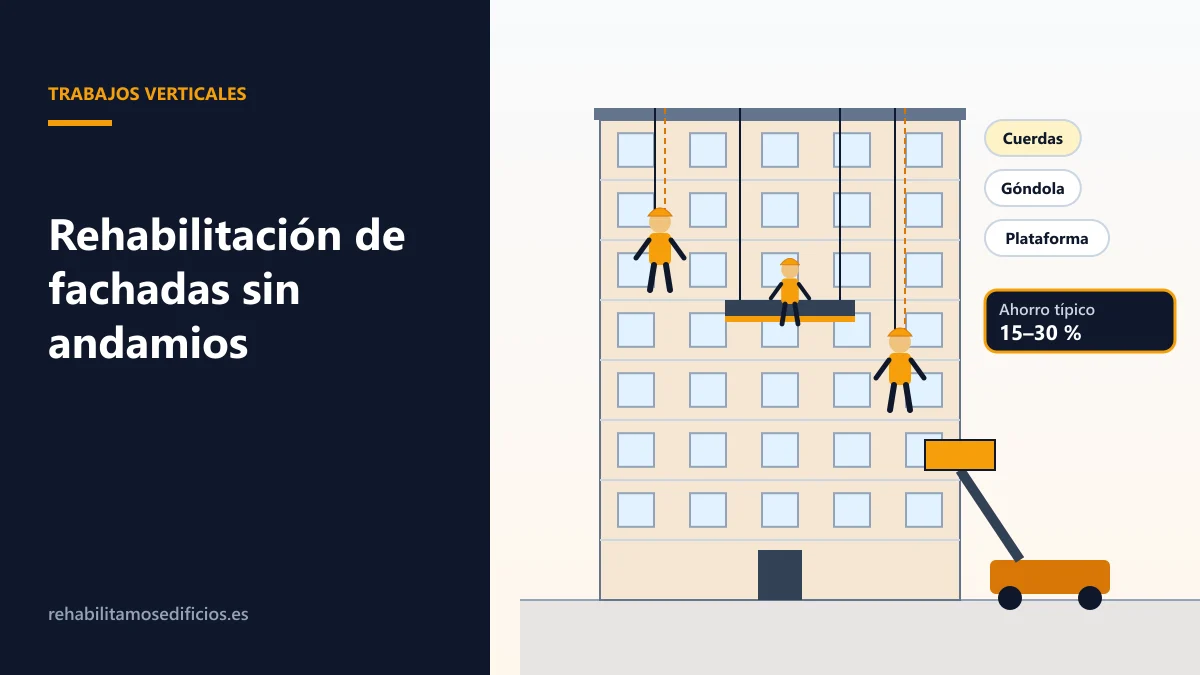 Ilustración de un edificio con dos operarios descolgados con cuerdas reparando la fachada, una góndola suspendida y una plataforma elevadora en la planta baja