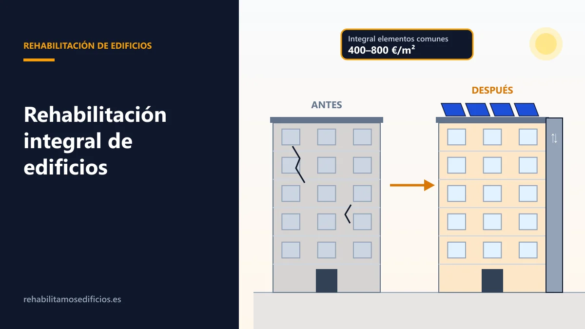 Ilustración de un edificio antes y después de una rehabilitación integral: estructura reforzada, fachada aislada, cubierta nueva, ascensor e instalaciones renovadas